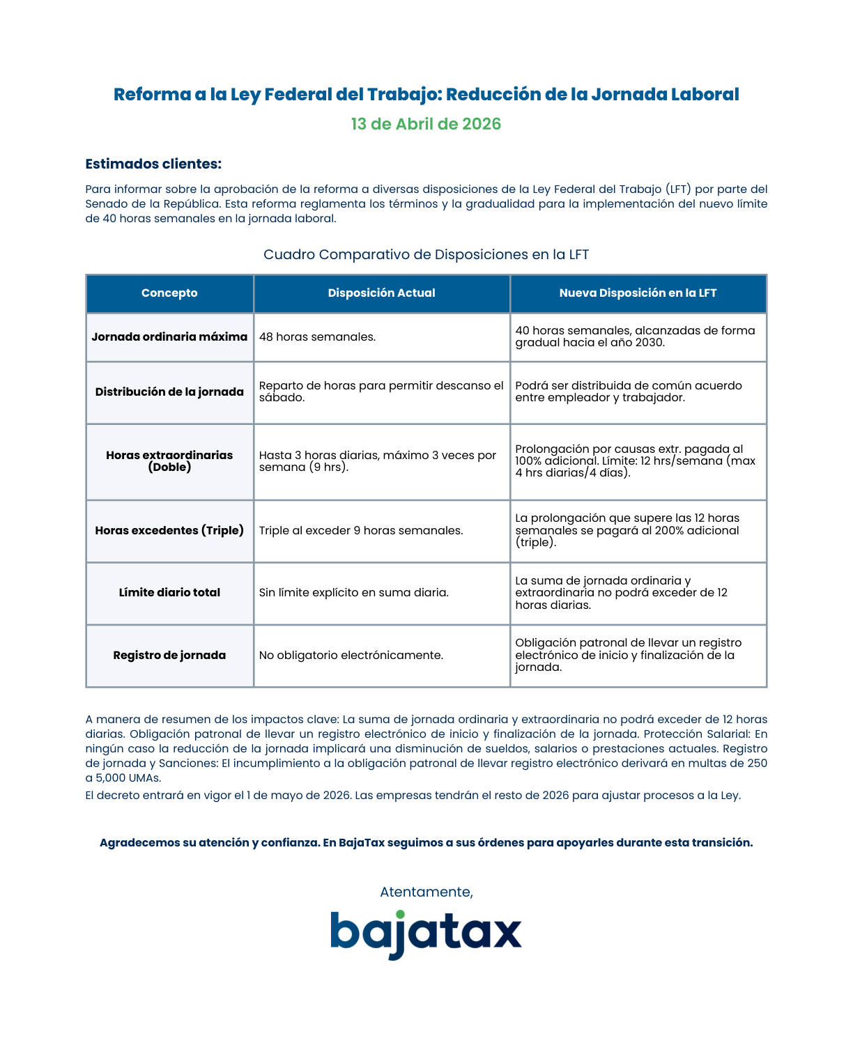 Previsualización del boletín de Reforma a la Jornada Laboral 2026 - Baja Tax